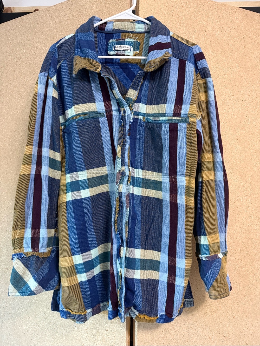 Free People Blue Plaid Button-Down Shacket with Mustard Accents